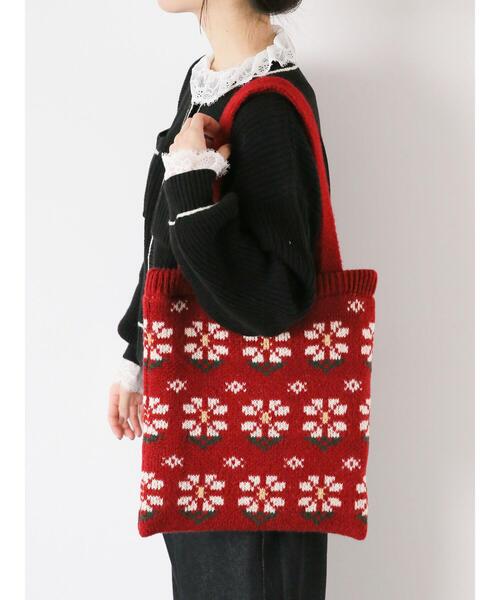 ehka sopo（エヘカソポ）の「花柄ニットバッグ（ハンドバッグ・レディース・モカ/レッド/キナリ・F）」の4枚目の写真