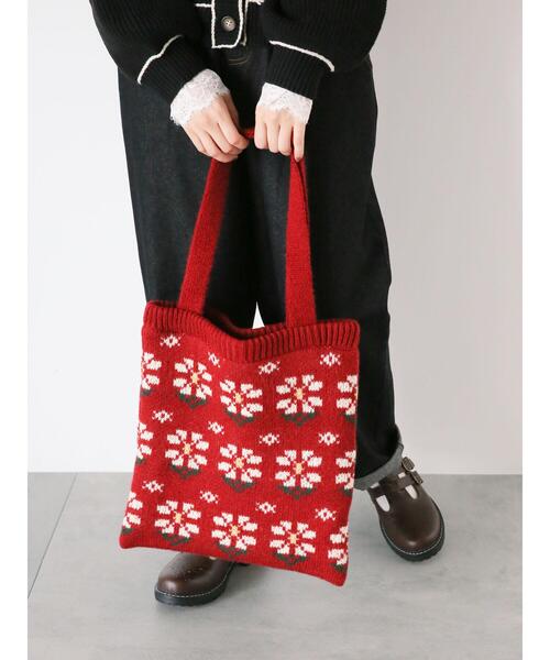 ehka sopo（エヘカソポ）の「花柄ニットバッグ（ハンドバッグ・レディース・モカ/レッド/キナリ・F）」の9枚目の写真