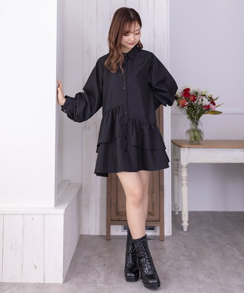 sacai 裾フリル　シャツワンピース clear（クリア）の「裾アシメフリル袖リボン半袖シャツワンピース