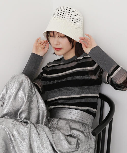 N.（N. Natural Beauty Basic）（エヌエヌナチュラルビューティーベーシック）の「◆編み地切替シアーボーダーニット（ニット/セーター・レディース・ミント/ゴールド系その他/ブラック系その他・MEDIUM）」の5枚目の写真