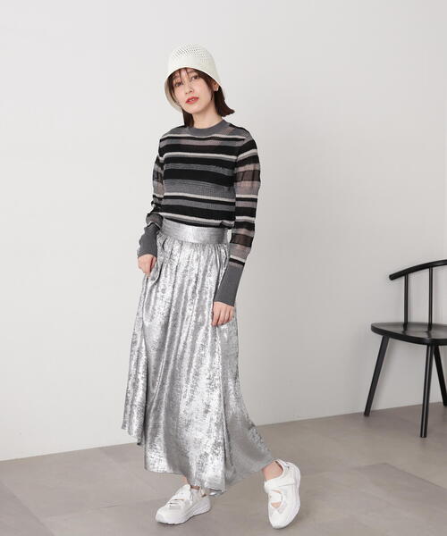 N.（N. Natural Beauty Basic）（エヌエヌナチュラルビューティーベーシック）の「◆編み地切替シアーボーダーニット（ニット/セーター・レディース・ミント/ゴールド系その他/ブラック系その他・MEDIUM）」の7枚目の写真