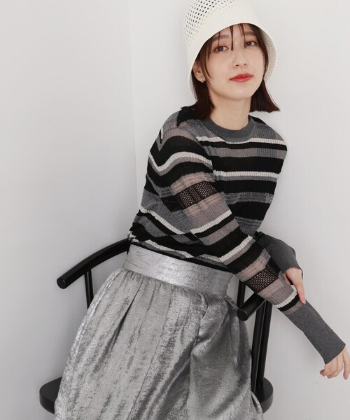 N.（N. Natural Beauty Basic）（エヌエヌナチュラルビューティーベーシック）の「◆編み地切替シアーボーダーニット（ニット/セーター・レディース・ミント/ゴールド系その他/ブラック系その他・MEDIUM）」の10枚目の写真