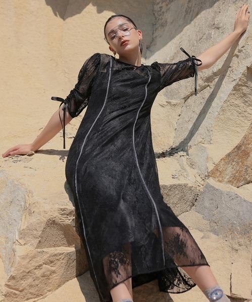 Callarus〕サテンパイピング切替グログランベルト総レースロング丈