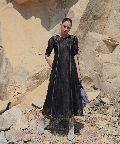 Callarus サテンパイピング切替グログランベルト総レースワンピースドレス セール】〔Callarus〕サテンパイピング切替グログランベルト総