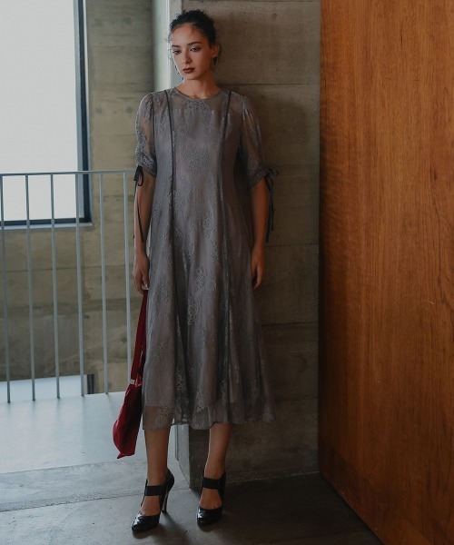 Callarus カラルス　ロングワンピース セール】［Callarus］ショルダーデザイン裾レースロング丈