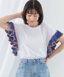 Ray BEAMS | Ray BEAMS / ライン ニット フリル スリーブ Tシャツ(Tシャツ/カットソー)