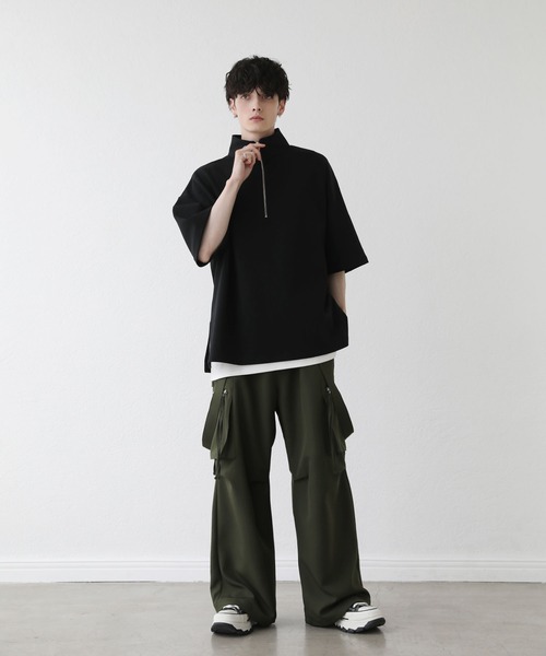 さぼブラック ハイウエスト カーゴパンツ GYDA カーゴパンツ ハイウエストSIDE RIPPEDカーゴワイドパンツ