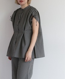 リサイクルポリサッカー バンドカラーペプラムシャツ＜セットアップ可能＞