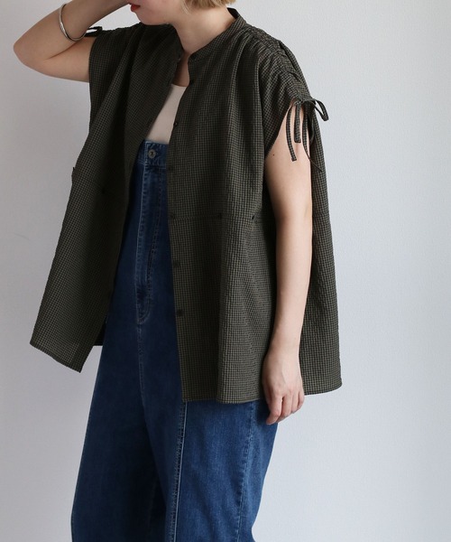 cepo（セポ）の「リサイクルポリサッカー バンドカラーペプラムシャツ＜セットアップ可能＞（シャツ/ブラウス・レディース・ブラック/ブラック×ホワイト/オリーブ・M）」の13枚目の写真