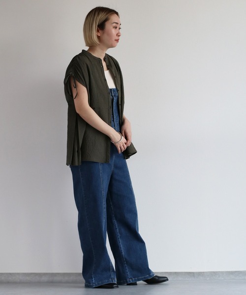 cepo（セポ）の「リサイクルポリサッカー バンドカラーペプラムシャツ＜セットアップ可能＞（シャツ/ブラウス・レディース・ブラック/ブラック×ホワイト/オリーブ・M）」の8枚目の写真