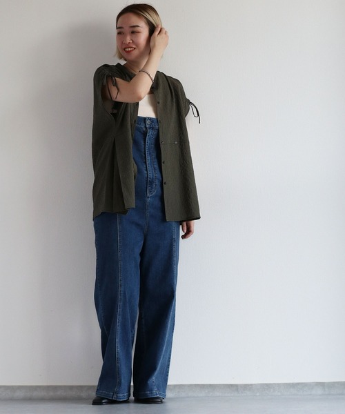 cepo（セポ）の「リサイクルポリサッカー バンドカラーペプラムシャツ＜セットアップ可能＞（シャツ/ブラウス・レディース・ブラック/ブラック×ホワイト/オリーブ・M）」の9枚目の写真