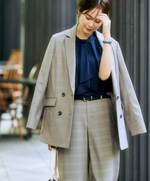 7days Life Styling | 【洗える・ストレッチ】うすカル シャドーチェック柄セミワイドパンツスーツ(ダブルブレストテーラードジャケット+パンツ)(スーツセット)