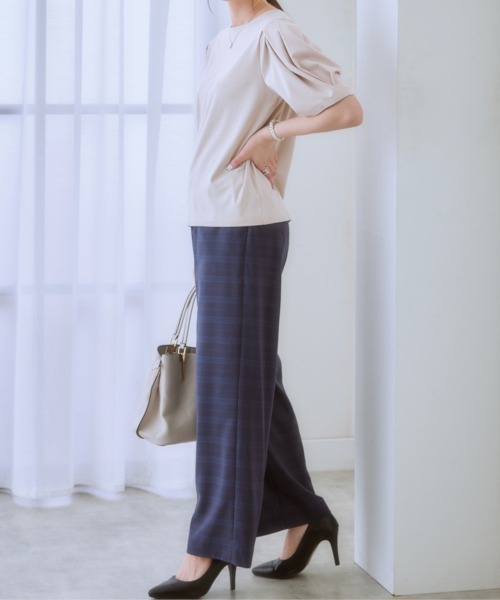 7days Life Styling(セブンデイズライフスタイリング)の「【洗える・ストレッチ】うすカル シャドーチェック柄セミワイドパンツスーツ(ダブルブレストテーラードジャケット+パンツ)(スーツセット・レディース・グレー系/ネイビー系・LL/3L/S/M/L)」の9枚目の写真