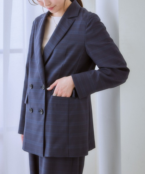 7days Life Styling(セブンデイズライフスタイリング)の「【洗える・ストレッチ】うすカル シャドーチェック柄セミワイドパンツスーツ(ダブルブレストテーラードジャケット+パンツ)(スーツセット・レディース・グレー系/ネイビー系・LL/3L/S/M/L)」の18枚目の写真