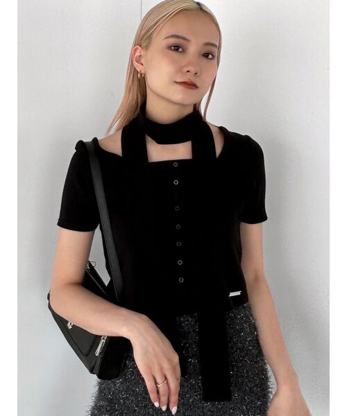 EMODA（エモダ）の「スリムタイボタントップ（Tシャツ/カットソー・レディース・ホワイト/ブラウン/ライム/ブラック・FREE）」の19枚目の写真