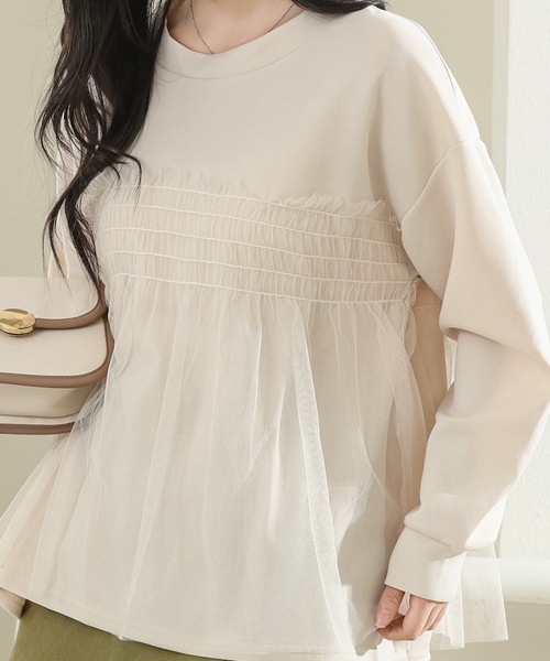 Lace Ladies(レースレディース)の「チュール ドッキング バルーン袖 長袖 プルオーバー(Tシャツ/カットソー・レディース・ホワイト/ブラック/グレイッシュベージュ・FREE)」の3枚目の写真