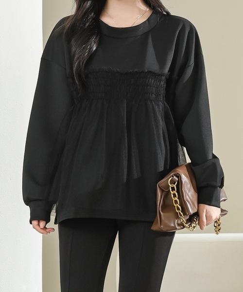 Lace Ladies(レースレディース)の「チュール ドッキング バルーン袖 長袖 プルオーバー(Tシャツ/カットソー・レディース・ホワイト/ブラック/グレイッシュベージュ・FREE)」の4枚目の写真