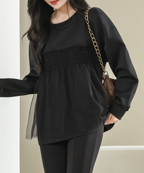 Lace Ladies(レースレディース)の「チュール ドッキング バルーン袖 長袖 プルオーバー(Tシャツ/カットソー・レディース・ホワイト/ブラック/グレイッシュベージュ・FREE)」の5枚目の写真