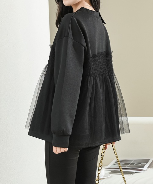 Lace Ladies(レースレディース)の「チュール ドッキング バルーン袖 長袖 プルオーバー(Tシャツ/カットソー・レディース・ホワイト/ブラック/グレイッシュベージュ・FREE)」の8枚目の写真