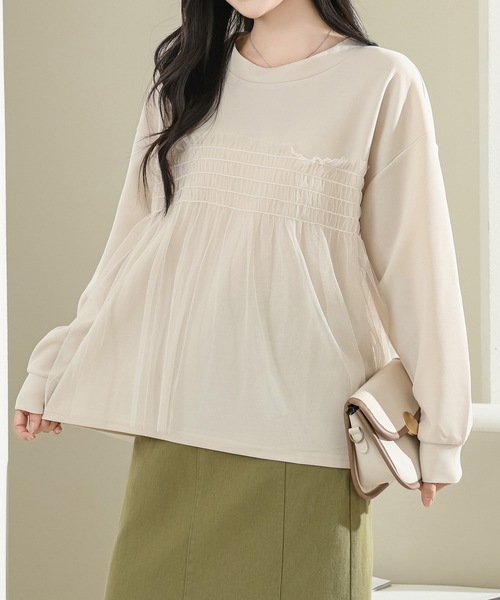 Lace Ladies(レースレディース)の「チュール ドッキング バルーン袖 長袖 プルオーバー(Tシャツ/カットソー・レディース・ホワイト/ブラック/グレイッシュベージュ・FREE)」の10枚目の写真