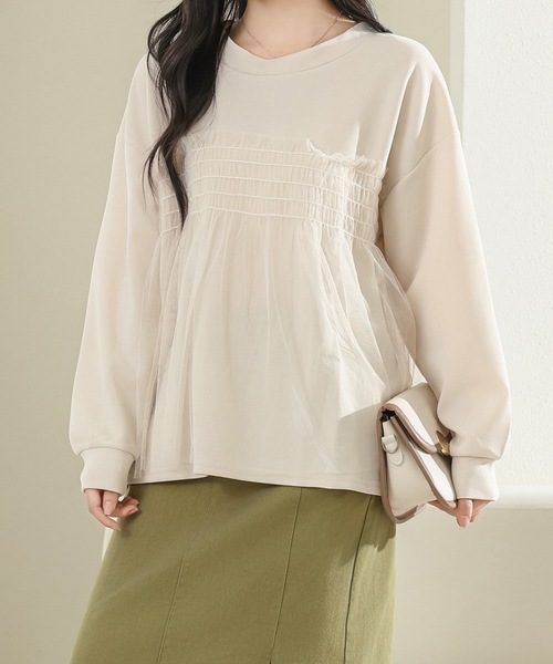 Lace Ladies(レースレディース)の「チュール ドッキング バルーン袖 長袖 プルオーバー(Tシャツ/カットソー・レディース・ホワイト/ブラック/グレイッシュベージュ・FREE)」の12枚目の写真