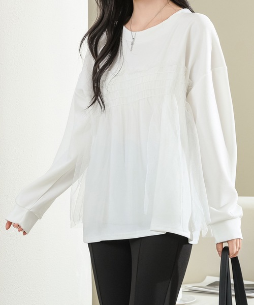 Lace Ladies(レースレディース)の「チュール ドッキング バルーン袖 長袖 プルオーバー(Tシャツ/カットソー・レディース・ホワイト/ブラック/グレイッシュベージュ・FREE)」の15枚目の写真