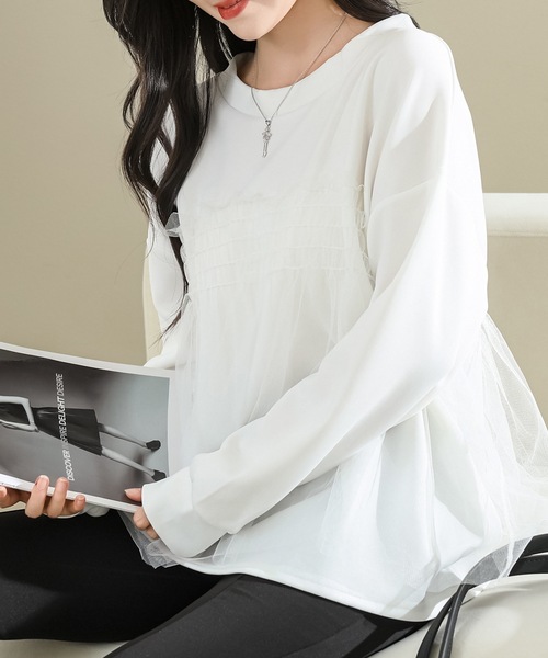 Lace Ladies(レースレディース)の「チュール ドッキング バルーン袖 長袖 プルオーバー(Tシャツ/カットソー・レディース・ホワイト/ブラック/グレイッシュベージュ・FREE)」の16枚目の写真