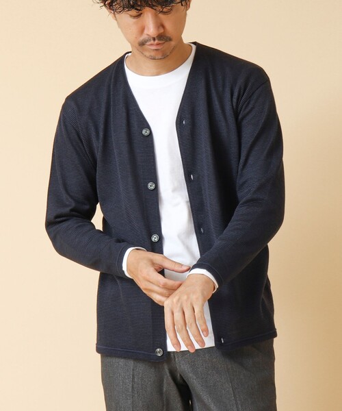 NOLLEY’S(ノーリーズ)の「《2点セット》SIX FUNCTION ボーダーVネックニットカーディガン(ロンT付き)(カーディガン/ボレロ・メンズ・イエロー/ネイビー/パープル/グレイッシュブルー・S/M/L)」の2枚目の写真