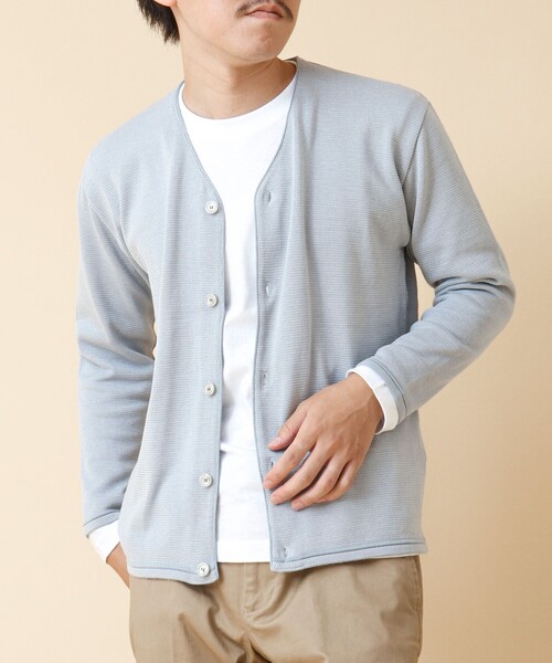 NOLLEY’S(ノーリーズ)の「《2点セット》SIX FUNCTION ボーダーVネックニットカーディガン(ロンT付き)(カーディガン/ボレロ・メンズ・イエロー/ネイビー/パープル/グレイッシュブルー・S/M/L)」の1枚目の写真