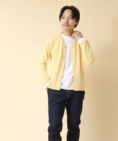 NOLLEY’S(ノーリーズ)の「《2点セット》SIX FUNCTION ボーダーVネックニットカーディガン(ロンT付き)(カーディガン/ボレロ・メンズ・イエロー/ネイビー/パープル/グレイッシュブルー・S/M/L)」の8枚目の写真