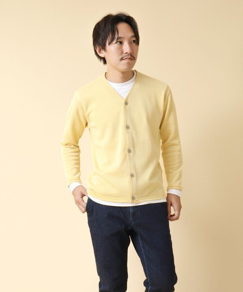 NOLLEY’S(ノーリーズ)の「《2点セット》SIX FUNCTION ボーダーVネックニットカーディガン(ロンT付き)(カーディガン/ボレロ・メンズ・イエロー/ネイビー/パープル/グレイッシュブルー・S/M/L)」の12枚目の写真