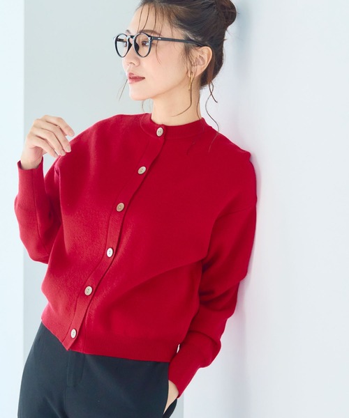 PANTON 赤 ニットカーディガン36M 未使用新品タグ付 洗える・タンブル乾燥可》クルーネックニットカーディガン【CROSS