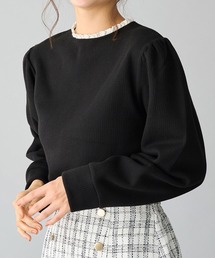 フワぽかテレコ裏ファー衿レースカットソー