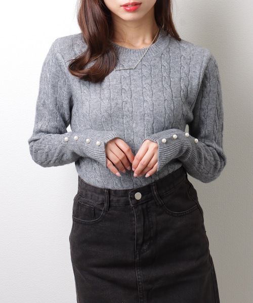 Lace Ladies(レースレディース)の「ラウンドネック 袖 パール ケーブル柄 ニット プルオーバー(ニット/セーター・レディース・アイボリー/ブラック/ベージュ/グレー・FREE/S)」の3枚目の写真