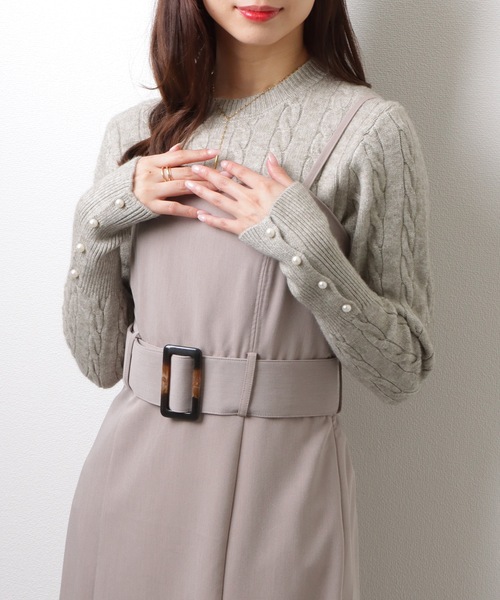Lace Ladies(レースレディース)の「ラウンドネック 袖 パール ケーブル柄 ニット プルオーバー(ニット/セーター・レディース・アイボリー/ブラック/ベージュ/グレー・FREE/S)」の2枚目の写真