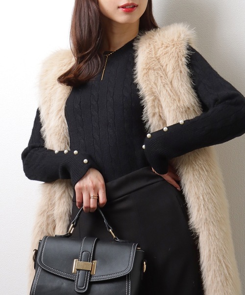 Lace Ladies(レースレディース)の「ラウンドネック 袖 パール ケーブル柄 ニット プルオーバー(ニット/セーター・レディース・アイボリー/ブラック/ベージュ/グレー・FREE/S)」の6枚目の写真