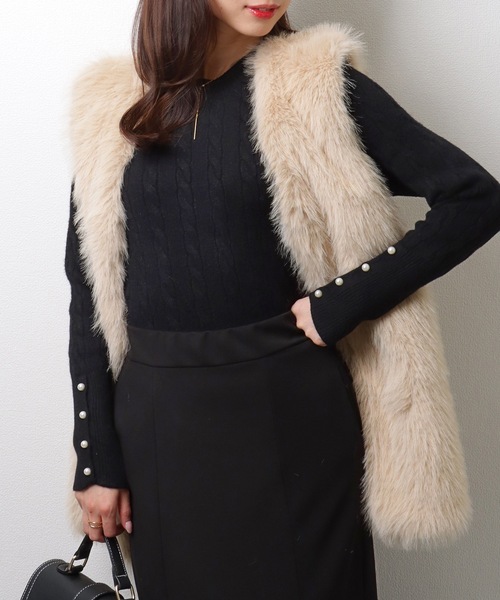 Lace Ladies(レースレディース)の「ラウンドネック 袖 パール ケーブル柄 ニット プルオーバー(ニット/セーター・レディース・アイボリー/ブラック/ベージュ/グレー・FREE/S)」の9枚目の写真