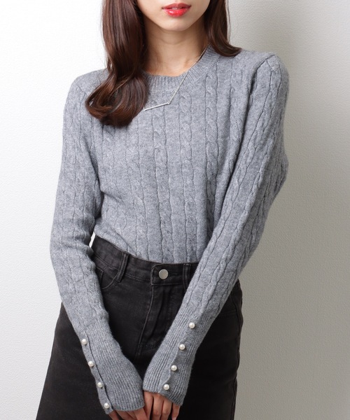 Lace Ladies(レースレディース)の「ラウンドネック 袖 パール ケーブル柄 ニット プルオーバー(ニット/セーター・レディース・アイボリー/ブラック/ベージュ/グレー・FREE/S)」の10枚目の写真