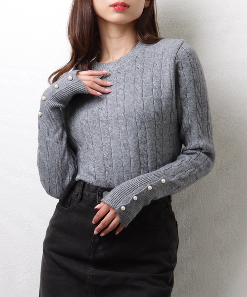Lace Ladies(レースレディース)の「ラウンドネック 袖 パール ケーブル柄 ニット プルオーバー(ニット/セーター・レディース・アイボリー/ブラック/ベージュ/グレー・FREE/S)」の12枚目の写真