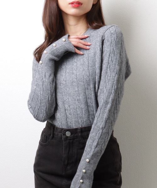 Lace Ladies(レースレディース)の「ラウンドネック 袖 パール ケーブル柄 ニット プルオーバー(ニット/セーター・レディース・アイボリー/ブラック/ベージュ/グレー・FREE/S)」の13枚目の写真