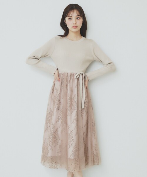index（インデックス）の「チュールレーススカートドッキングワンピース【洗濯機洗い可】（ワンピース・レディース・ナチュラル/チャコールグレー/サックスブルー/パープル系1・42/40/38/36）」の2枚目の写真