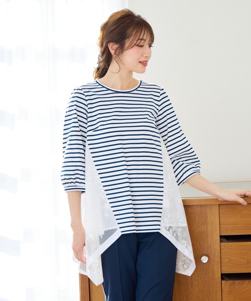 セール】バックレース切替ボーダーカットソー（Tシャツ/カットソー