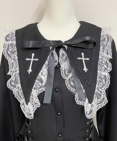 MARS スピンドル付きクロス刺繍SETUP リボンクリップ MA*RS】【二点セット】スピンドル付きクロス刺繍セットアップ - BLK