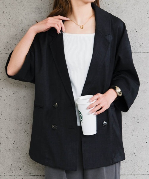 aquagarage（アクアガレージ）の「リネンライクダブルブレスト半袖テーラードジャケット（テーラードジャケット・レディース・ベージュ/ネイビー/ブラウン/グレー・L/M）」の5枚目の写真