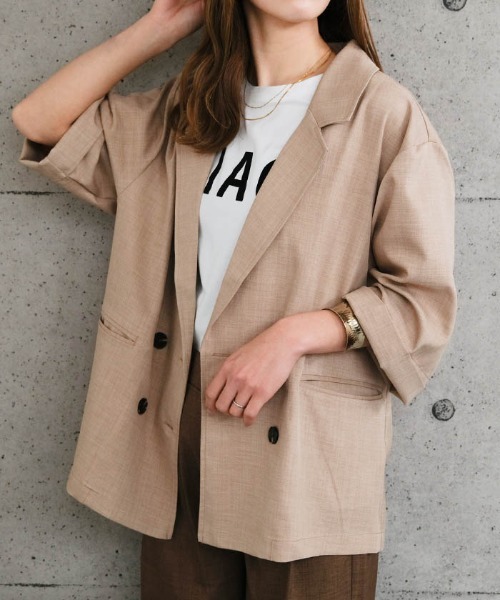 aquagarage（アクアガレージ）の「リネンライクダブルブレスト半袖テーラードジャケット（テーラードジャケット・レディース・ベージュ/ネイビー/ブラウン/グレー・L/M）」の7枚目の写真