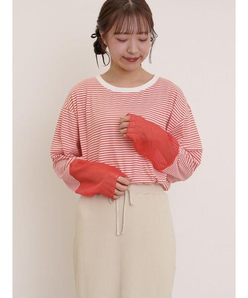 Samansa Mos2（サマンサ モスモス）の「袖切替シアーボーダーTシャツ（Tシャツ/カットソー・レディース・オレンジ/ブルー/グレー/ブラック・F）」の4枚目の写真