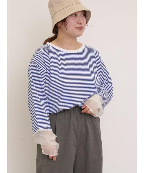 Samansa Mos2（サマンサ モスモス）の「袖切替シアーボーダーTシャツ（Tシャツ/カットソー・レディース・オレンジ/ブルー/グレー/ブラック・F）」の3枚目の写真