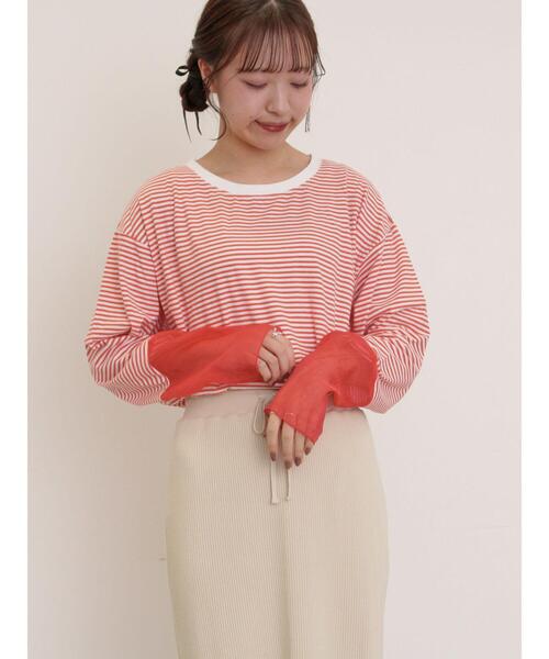 Samansa Mos2（サマンサ モスモス）の「袖切替シアーボーダーTシャツ（Tシャツ/カットソー・レディース・オレンジ/ブルー/グレー/ブラック・F）」の9枚目の写真