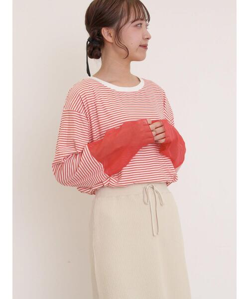 Samansa Mos2（サマンサ モスモス）の「袖切替シアーボーダーTシャツ（Tシャツ/カットソー・レディース・オレンジ/ブルー/グレー/ブラック・F）」の10枚目の写真