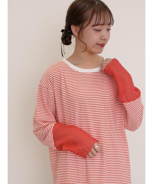 Samansa Mos2（サマンサ モスモス）の「袖切替シアーボーダーTシャツ（Tシャツ/カットソー・レディース・オレンジ/ブルー/グレー/ブラック・F）」の11枚目の写真